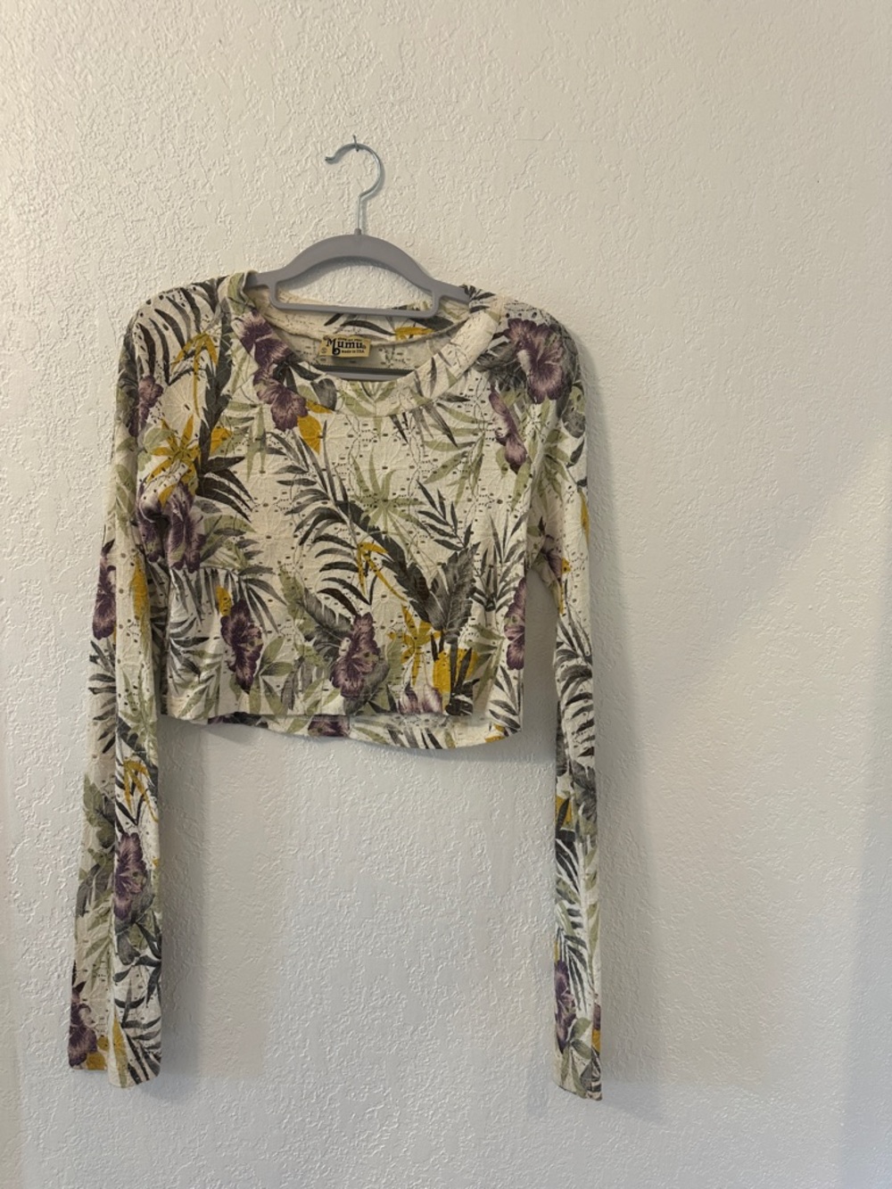 Show Me Your Mumu Floral Crop Long Bell Sleeve Top in Cream and Purple